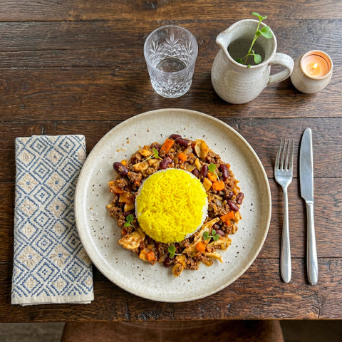 Beef Chilli Con Carne with Cheddar curd and Rice pilaf