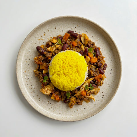 Beef Chilli Con Carne with Cheddar curd and Rice pilaf