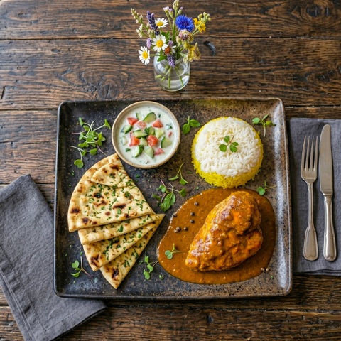 Pan fried Saffron Chicken Breast with Rice Pilaf & Flat Bread
