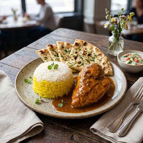 Pan fried Saffron Chicken Breast with Rice Pilaf & Flat Bread