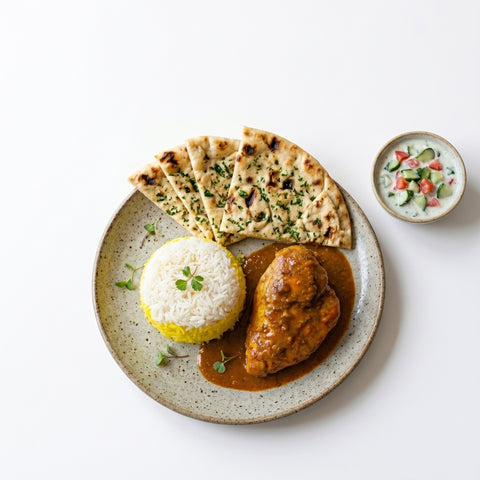 Pan fried Saffron Chicken Breast with Rice Pilaf & Flat Bread