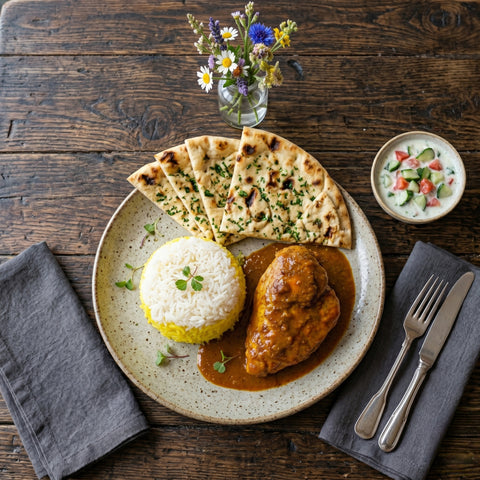 Pan fried Saffron Chicken Breast with Rice Pilaf & Flat Bread