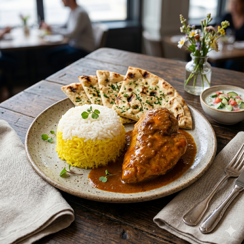 Pan fried Saffron Chicken Breast with Rice Pilaf & Flat Bread
