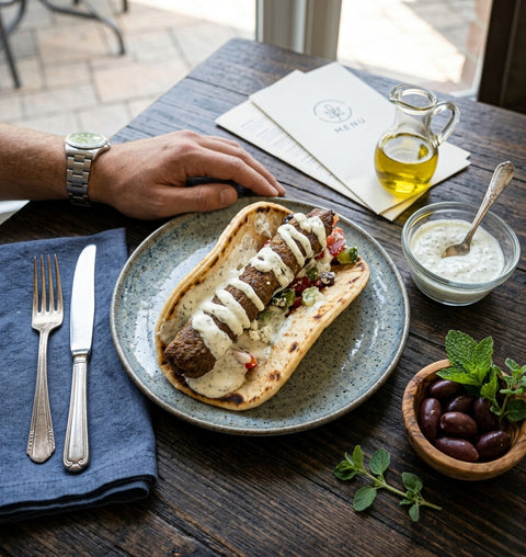Greek-Style Lamb kofta in a Flat Bread with a Mint Yogurt & Greek salad