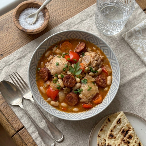 Spanish boneless Chicken, Chorizo and White Bean Stew with Flatbread