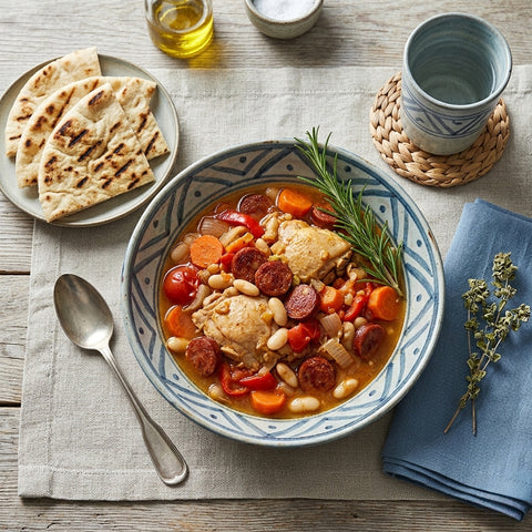 Spanish boneless Chicken, Chorizo and White Bean Stew with Flatbread