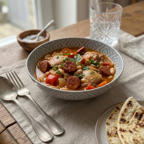 Spanish boneless Chicken, Chorizo and White Bean Stew with Flatbread