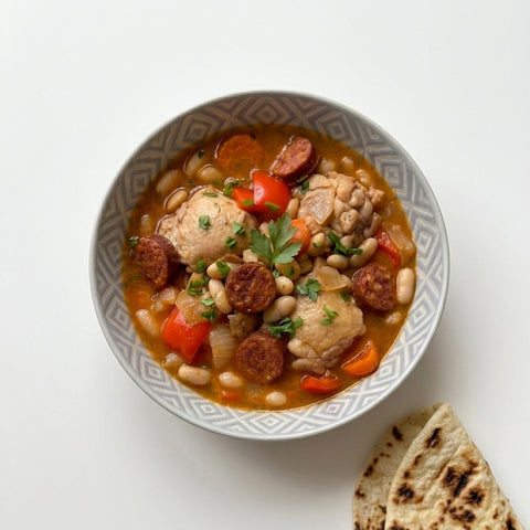 Spanish boneless Chicken, Chorizo and White Bean Stew with Flatbread
