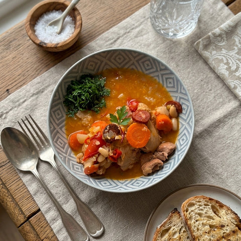 Spanish boneless Chicken, Chorizo and White Bean Stew with Flatbread