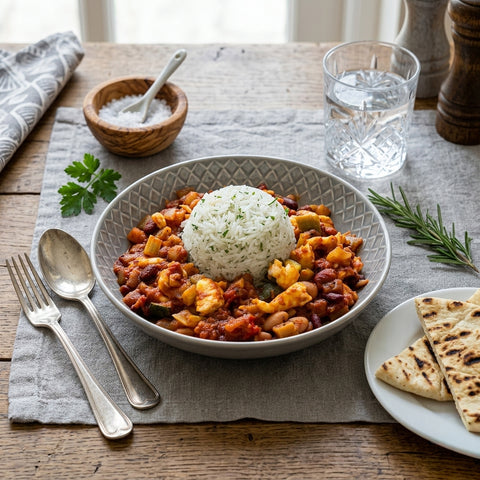Slow cooked Five Bean Chilli served with Cheddar Curd and Rice Pilaf