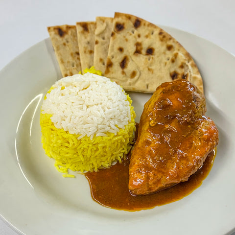 Saffron & Burberry Chicken Breast with Saffron Rice & Naan Bread